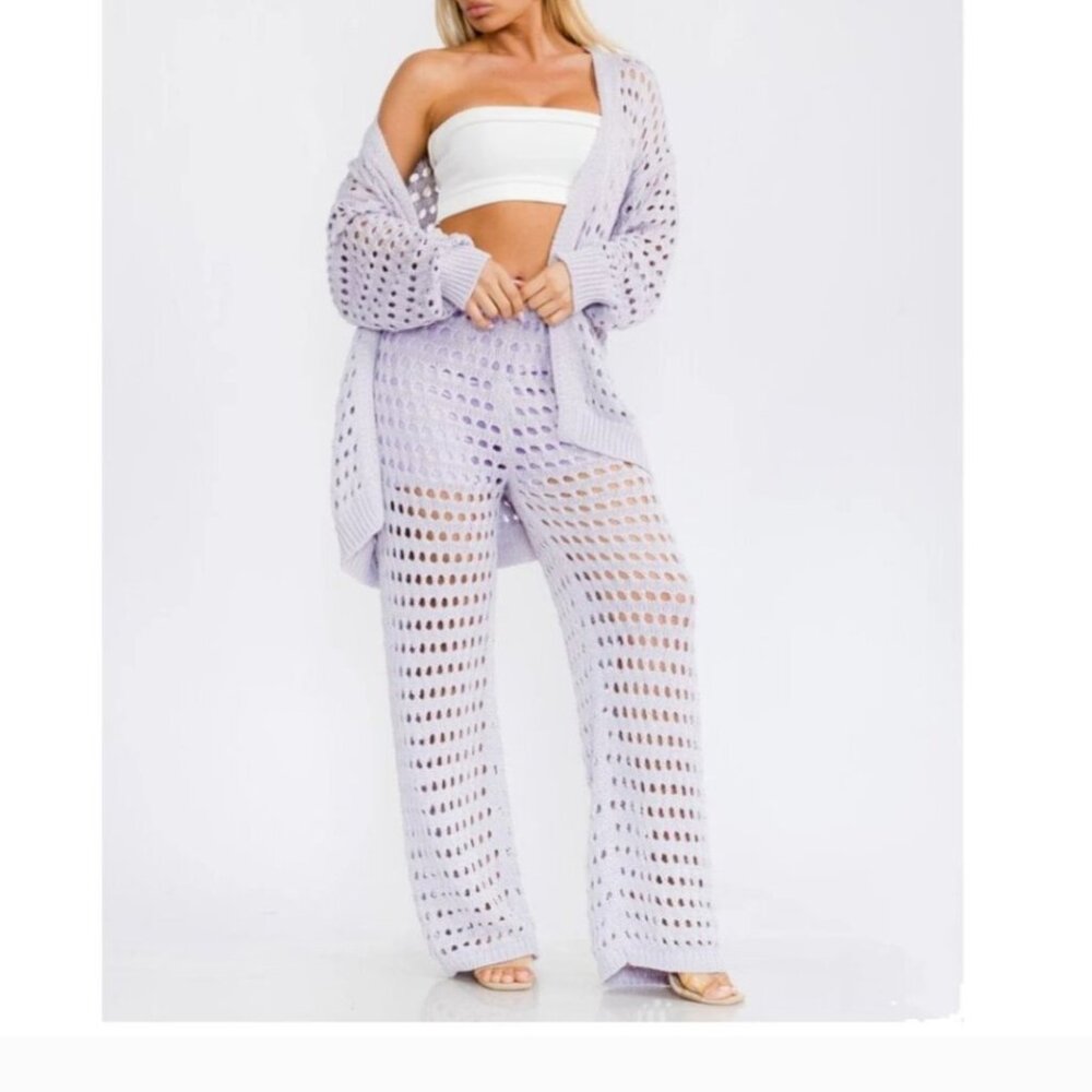 Lilac Open Knit 2pc Cardigan Pant Crochet Set